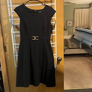 Tahari Black Mini Dress with Gold Buckle